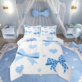 Erosebridal Striped Bow Girls Comforter Set Twin,Polka Bowknot Bedding,Cartoon Love Hearts Down Comforter,Aesthetic Blue Coquette Duvet Insert
