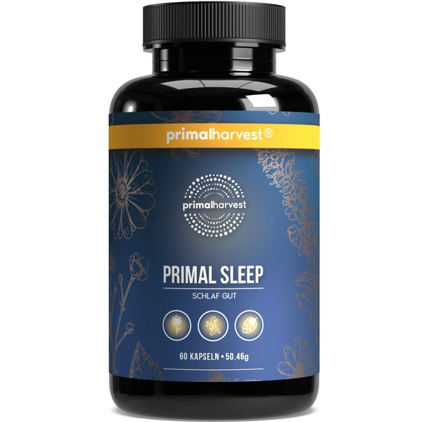 Primal Harvest® Schlaf Gut Capsules (Pack of 60) - Natural Blend with Apigenin, L-Tryptophan, Chamomile and Valerian - Herbal Blend as Melatonin Alternative - Made in Germany