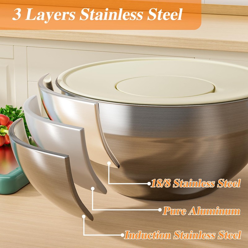Winproper Mixing Bowls with Lids Set, 6 PCS Stainless Steel