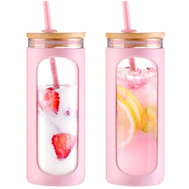 Kodrine 20oz Glass Water Bottle with Straw and Lid,Bamboo Lids Water Tumbler, Iced Coffee Cup Reusable, Wide Mouth Smoothies Cup, Straw Silicone Protective Sleeve BPA FREE-Pink-2pack