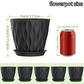 7 Inch Plant Pots, 5 Pack Plastic Indoor Flower Pots, Planters Pots with Drainage Holes and Trays for Indoor Outdoor Plants, Durable Pot for Orchids, Violets, Succulents, Herbs, and Others，black