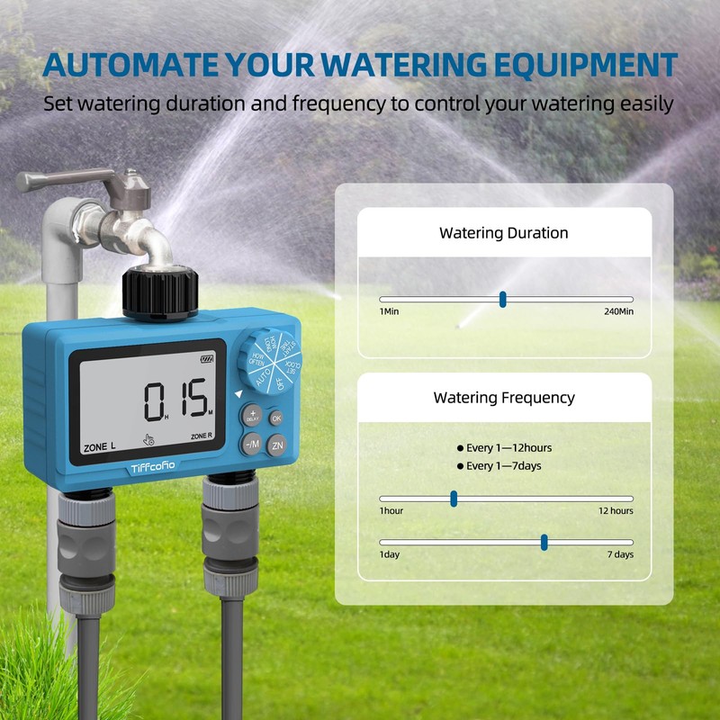 TiFFCOFiO Sprinkler Water Timer Outdoor, 2 Outlets Digital Pogrammable for