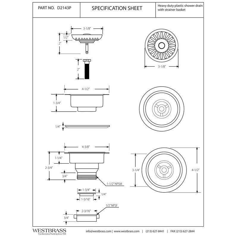Westbrass D2143P-65 4-3/8" Push-Pull Style Large Kitchen Sink Basket Strainer,