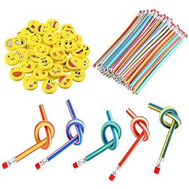 Xndryan Soft Flexible Bendy Pencils, 62 Pcs Twist Bendy Pencils and Smiley Rubber Erasers, Ideal for Kids Party Bag Fillers, Birthday Gifts, Classroom Prizes, Stress Relief Toy