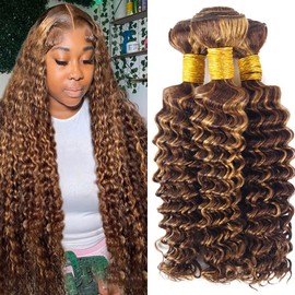 Dokksiiia Brown Ombre Human Hair Bundles P4/27 - Piano Color Deep Wave Human Hair Extensions with Chocolate Brown & Honey Blonde Highlights Weave 3 Bundles 8/10/12 Inch Soft & Thick