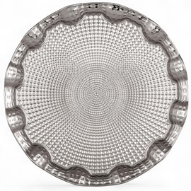 Alisveristime Round Metal Serving Tray for 6 – Ottoman Motif, (13.8" Diameter, 17.5 oz) (Silver)
