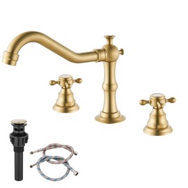 gotonovo 3-Hole Widespread Bathroom Faucet Double Cross Handle Mixer Tap for Bathroom Sink Deck Mount Hot Cold Water Matching Pop Up Drain Victorian Spout Brushed Gold