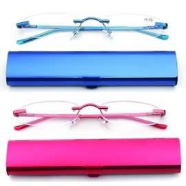 Women's 2 Pack Compact Slim Reading Glasses in Aluminum Case - Frameless, Super Light Weight - Blue & Red, 1.50