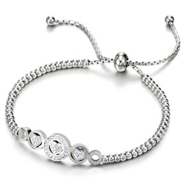 COOLSTEELANDBEYOND Stainless Steel Bead Bracelet with Cubic Zirconia Circle Heart Charm Adjustable, Stainless Steel, Cubic Zirconia