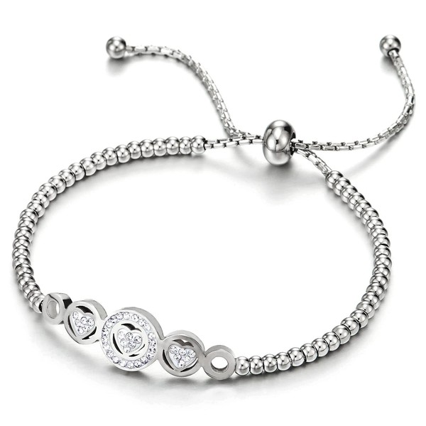 COOLSTEELANDBEYOND Stainless Steel Bead Bracelet with Cubic Zirconia Circle Heart
