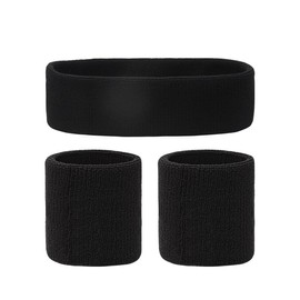Unisex Sweatband Set (3-Pack: 1 Headband & 2 Wristbands) (Black)