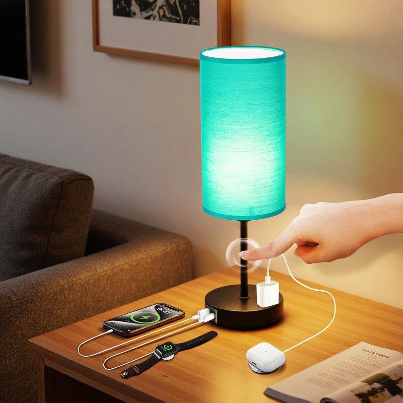 Gugsey Table Lamp with USB Port - Teal Desk Lamp,