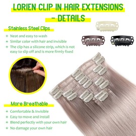 LORIEN Silver Grey Clip in Hair Extensions Real Human Hair Clip ins Remy Human Hair Clip in Extensions Invisible Natural Straight Seamless Clip on Hair Extensions 8pcs Double Weft 16 Inch 90g