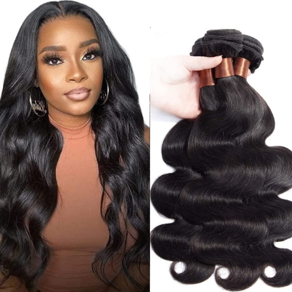Angie Queen Virgin Human Hair Extensions Weave Weft Unprocessed Malaysian Virgin Hair Body Wave Natura Black Color 3 Bundles 12 14 16inch (100+/-5g)/bundle Can be Dyed and Bleached