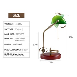 Bankers Lamp, Traditional Green Desk Lamp with Solid Birch Wood Base, Green Glass Antique Library Lamp with Pull Chain Switch, Plug in Vintage Bankers Desk Lamp for Office, Study Room 【E26 Socket】