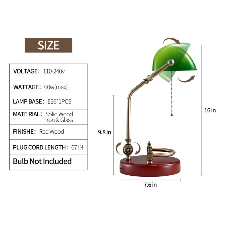 Bankers Lamp, Traditional Green Desk Lamp with Solid Birch Wood