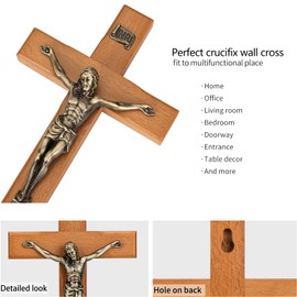 ARCHOBAN Crucifix Wall Cross Catholic, 10 Inch Wooden Cross with Jesus Christ for Home Decor - Light Brown + Antique Brass