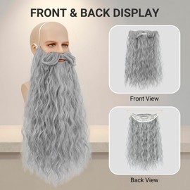 incohair Men’s 20inch Long Curly Gray Beard with Mustache, Grey Synthetic Fake Beard Costume for Halloween Cosplay Costume Facial Hair, One Size Fits All (Grey)