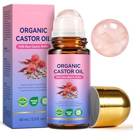 Organic Castor Oil with Rose Quartz Roller, Organic Castor Oil Roll On for Face, Body, Hair, Skin & Scalp, Leaves Skin Soft, Smooth & Hydrated - 2 oz (1)