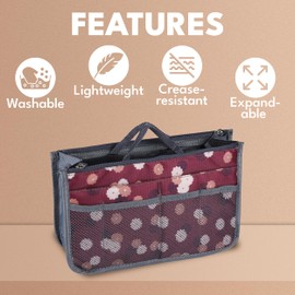 JJ PRIME - Multi Compartment Bag Handbag Insert | Expandable Handbag Organiser Insert | Floral Tote Bag Organiser Insert | Tote Bag Divider Organiser with 13 Pockets (Floral, Maroon)