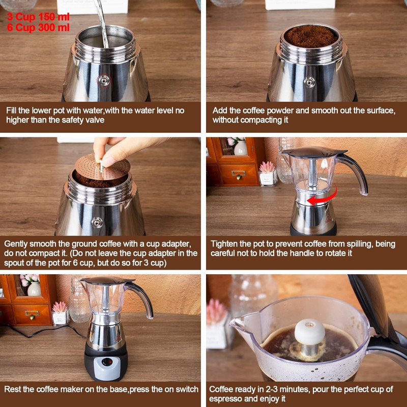 DITOSH Electric Moka Pot 6 Cup 300ml Plastic Transparent Stovetop