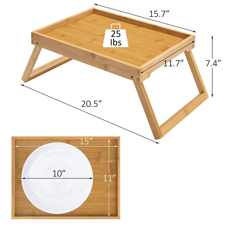 Kaukinye Bamboo Bed Tray Table with Foldable Legs, Breakfast Tray,
