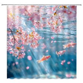 MSAYNFG Cherry Blossom Shower Curtain Modern Koi Fish Water Floral Asian Nature Scenery Sunny Fantasy Fabric Bathroom Decor Set with Hooks(70" Wx70 H)