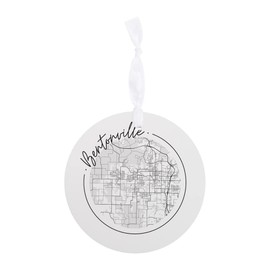 Minimalist B&W Arkansas Bentonville Circle Map, Joyride Home Decor, Ornament, 4 Inch Wooden, Round Ornament with White Ribbon, Christmas Decor, Gift Tag, Artist Designed.
