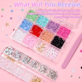 Flower Nail Charms Gems Kit, Gold Silver Nail Butterfly, 3D Nail Charms and Flatback Pearls Gems Set, Color Flower Butterfly Bows 3D Nail Charms, Nail Pearls for Nail Art DIY with Pickup Tools