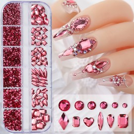 Rose Red Nail Art Rhinestone, 3D Crystal Nail Diamond Gem, Flatback Rhinestones Multi Shapes Sizes Nail Design for Women Girls Manicure Charms Decorations, DIY Jewelry Making Craft Supplies