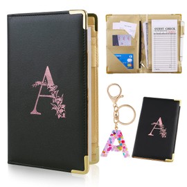 FIODAY Server Books Alphabet Waitress Book Cute Waiter Book Zipper Pocket Leather Serving Book with Gift Keychain Guest Check Book Server Note Pads Holder Fits Server Apron A