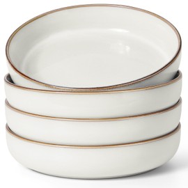 Herogo Stoneware Pasta Bowls Set of 4, 37 Ounce Large Wide Shallow Plates and Stackable Serving Bowls Sets for Salad Soup Cereal, Microwave & Dishwasher Safe, Ivory White