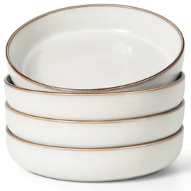 Herogo Stoneware Pasta Bowls Set of 4, 37 Ounce Large Wide Shallow Plates and Stackable Serving Bowls Sets for Salad Soup Cereal, Microwave & Dishwasher Safe, Ivory White