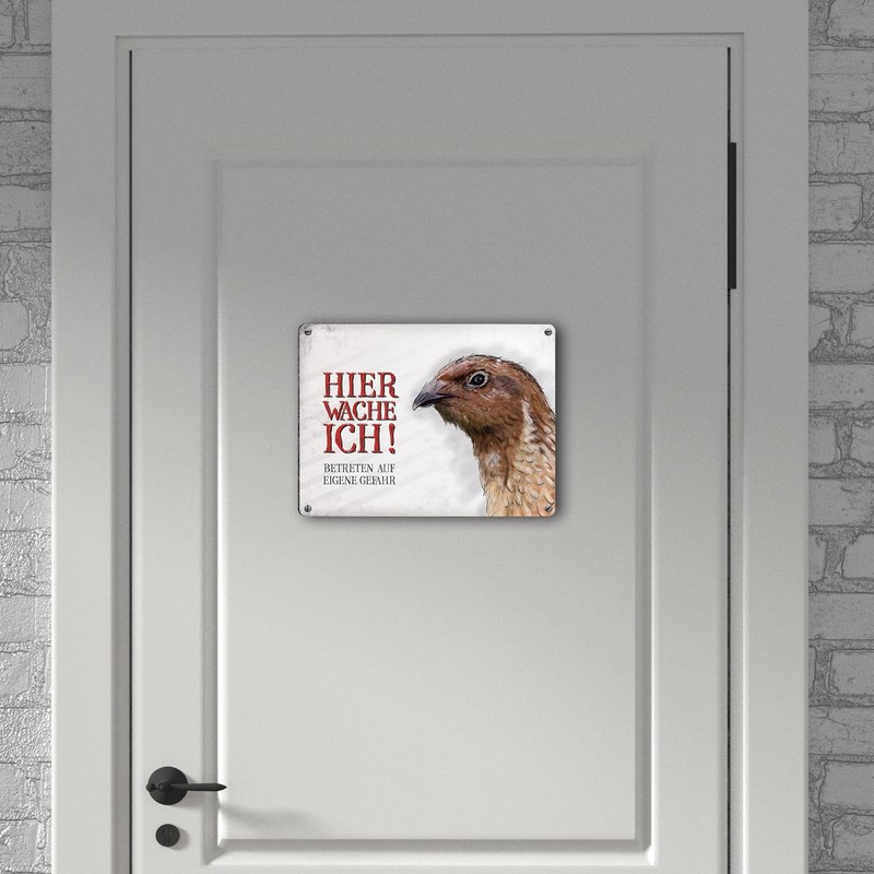 Metal Sign with Quail Motif and Saying "Betreten auf eigene