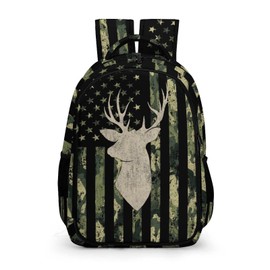 GNEW American Flag Camo Buck Deer Backpack, Army Green Camo Backpack for Boys, Camouflage Vintage USA Flag Deer Backpack for Kids Teens, Water Resistant Daypack Travel Laptop Backpack, 16.5 Inch