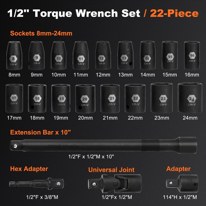 1/2-Inch Drive Torque Wrench Set 22PCS, 10-180FT.LB/13.6-244.1Nm, Click Torque Wrench