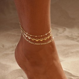 Sargetou Gold Ankle Bracelets for Women Waterproof,14k Gold Plated Anklet Set 3PCS Beaded Heart Dainty Anklets Summer Beach Gift