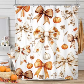 Ufeela Autumn Fall Bow Shower Curtain 60Wx72L Inch Girly Pumpkin Farmhouse Maple Leaves Brown Cute Bowknot Floral Thanksgiving Day Bathroom Set Coquette Bath Curtain Bathtub Accessories Home Decor
