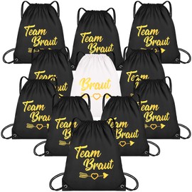 Hoseay Turnbeutel Frauen Set 11 Stück Junggesellenabschied Team Bride Tasche mit Kordelzug Sportbeutel Damen Verstellbar Sportrucksack Leicht Rucksack für Verlobung JGA Hochzeit Braut Party, Schwarz