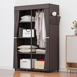SUOERNUO Portable Closet Wardrobe Organizer Storage with Cover Non-Woben Fabric for Hanging Clothes Racks Shelving 34 Inch for Bedroom - Color: Coffee