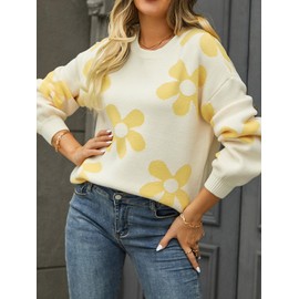 ECOWISH Women's Sweater 2024 Fall - Long Sleeve Crewneck Tops Knit Oversized Pullover Casual Print Jumper Beige Medium