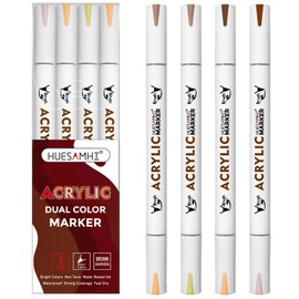 huesamhi Dual Tip Brush Markers, 4 Pack Double Ended Acrylic Paint Pens - Permanent Water-Based for Rock Painting, Wood, Metal, Ceramic, Glass, Crafts & Kids Art Assorted Colors