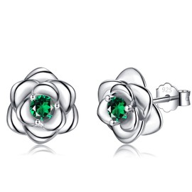 Silver Stud Earrings for Women Girls, Rose Flower Sterling Silver Studs Earrings with Green Cubic Zirconia│White Gold Plated Dainty Romantic Earrings Jewellery Gifts