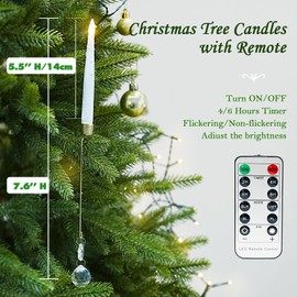 FREEPOWER 12PCS Christmas Tree Candle Lights with Remote Timer,Flameless LED Taper Candles for Christmas Tree Garden Parties Home Decor Wedding Birthday Gift with Snowflake Crystal Ball Hook (White)