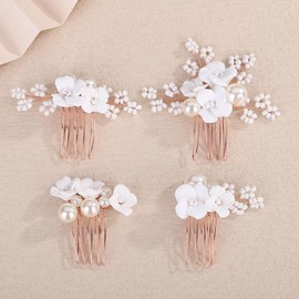 Rumtock 4pcs White Flower Rose Gold Hair Comb Set for Wedding Brides Women White Beads Hair Accessories (Rose Gold)