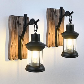 TIGKHAE Rustic Wall Light Fixtures Vintage Wall Sconces Sets of 2 Farmhouse Antique Wooden Wall Lamp with Clear Glass Mounted Lighting Black Bedside Sconces Wall Lighting for Bar Cafe Barn Stairs