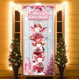 Merry Christmas Door Cover Decoration, Xmas Funny Pink Pigs Door Banner Backdrop, Cute Xmas Party Photography Background for Front Door Farmhouse Door Christmas Party Decoration