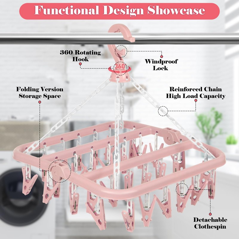 DDhayyp Clothes Drying Hanger with 32 Clips, Foldable Design Multi-Functional