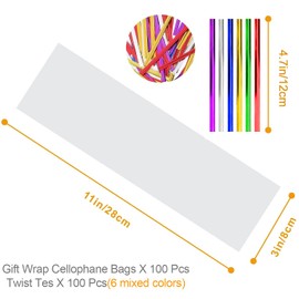 LEOSINDA 100pcs Cellophane Treat Bags 3 X 11 Inches Clear Long Flat Gift Wrap Clear Pretzel Bags with 6 Mix Colors Twist Ties Cello Goodie Treat Bakery Party favor Packaging
