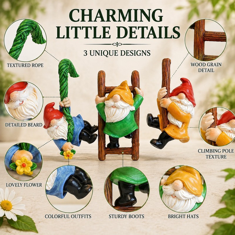3-Piece Hanging Garden Gnome Set for Flower Pots – Mini